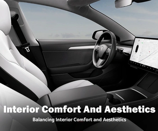 Interior view of a Tesla featuring a minimalist black and white design with a large touchscreen display, white seats, and a sleek dashboard. Text overlay reads “Interior Comfort And Aesthetics – Balancing Interior Comfort and Aesthetics.”