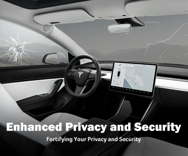 Tesla interior with a focus on the front seats and large central touchscreen, set against a dramatic backdrop of cracked glass and stormy skies. Text reads “Enhanced Privacy and Security – Fortifying Your Privacy and Security.”