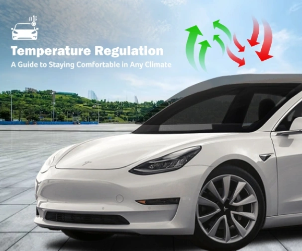 White Tesla Model 3 parked outdoors under a partly cloudy sky with red and green arrows above the roof illustrating airflow. Text reads “Temperature Regulation – A Guide to Staying Comfortable in Any Climate,” suggesting climate control or window tinting benefits.