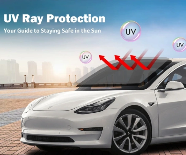 White Tesla Model 3 with visual effects showing UV rays bouncing off the windshield, highlighted by red arrows and labeled UV bubbles. Text reads “UV Ray Protection – Your Guide to Staying Safe in the Sun.”