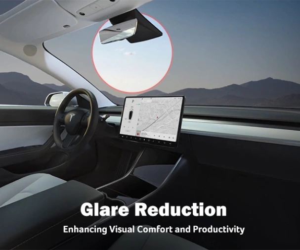 Interior of a Tesla with a focus on the windshield and touchscreen display, featuring a highlighted sun glare in a red circle. Text overlay reads “Glare Reduction – Enhancing Visual Comfort and Productivity.”