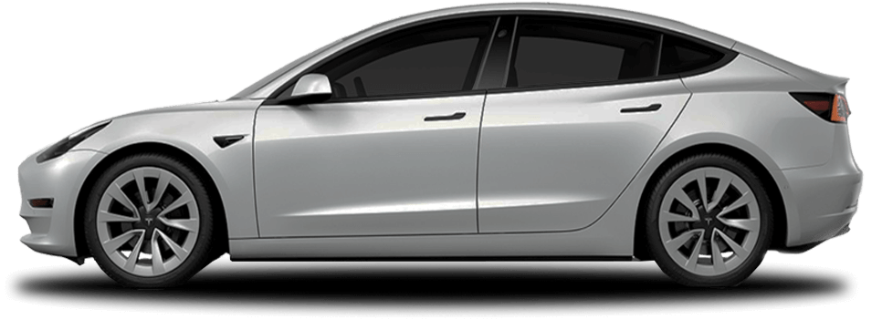 Side profile of a silver Tesla Model 3 viewed from the right, highlighting its aerodynamic design, flush door handles, and sleek alloy wheels.