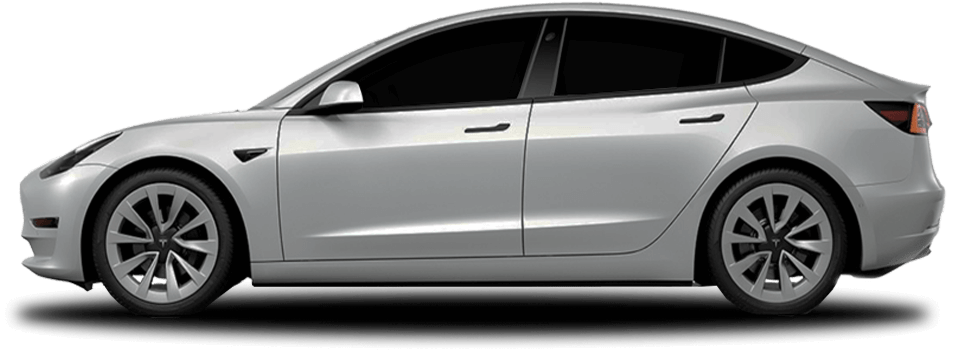Silver Tesla Model 3 shown from the driver’s side, emphasizing its modern design, flush door handles, and aerodynamic silhouette.