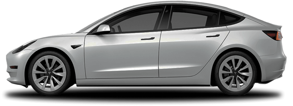 Side view of a silver Tesla Model 3 from the driver's side, highlighting its streamlined profile, flush handles, and minimalistic design.