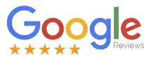 Google Reviews logo with the word "Google" in its signature multicolor font, five gold stars below it, and the word "Reviews" in gray text.