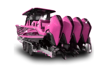 Bright pink powerboat on a trailer with labeled parts including the port (left side), bow (front), hull (body), and four large outboard cowlings at the rear, which are the engine covers.