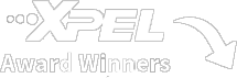White XPEL logo with the text "Award Winners" and a downward-pointing arrow on a black background, indicating recognition or accolade from the XPEL brand.