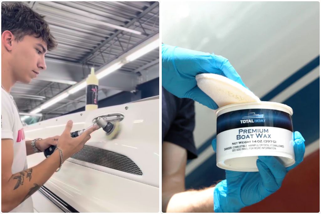 Side-by-side image showing a person using a polishing tool on a white boat in the left frame, and a close-up of gloved hands holding a container of TotalBoat Premium Boat Wax in the right frame. The contrast highlights the difference between ceramic coating application and traditional waxing.