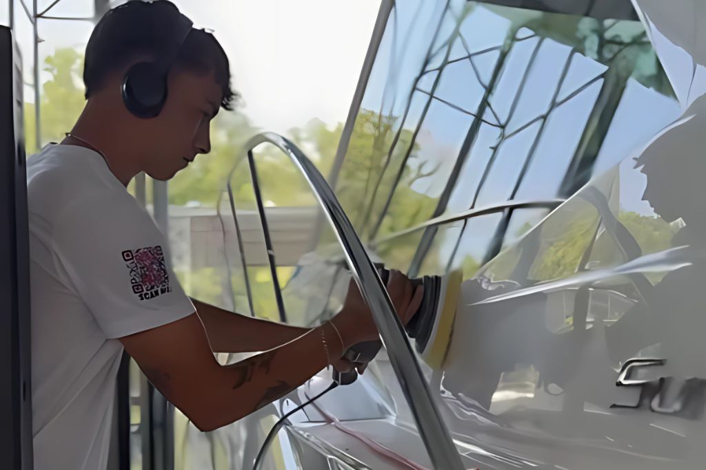 A person wearing headphones and a white shirt is polishing the side of a glossy white boat with a buffer. The boat’s surface reflects the person and the surrounding structure, indicating a high-gloss finish, possibly from a ceramic coating.