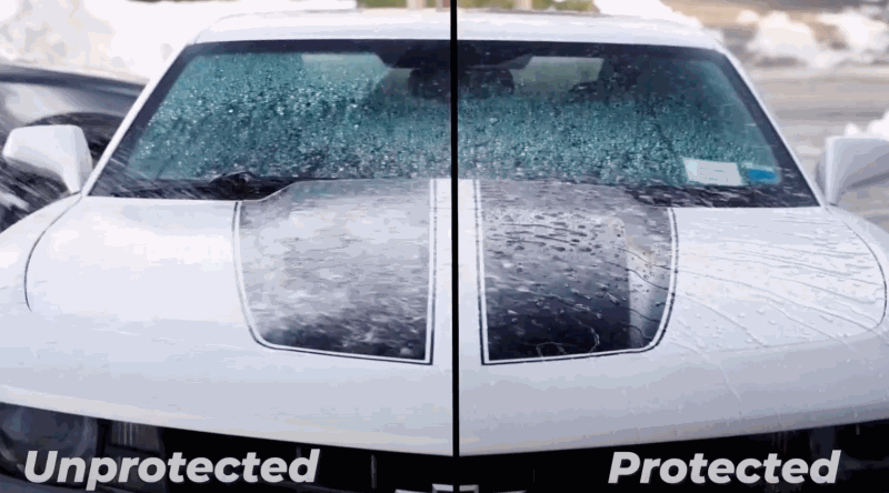Side-by-side comparison of a car windshield without protection and with coating, showing water beading and runoff differences.