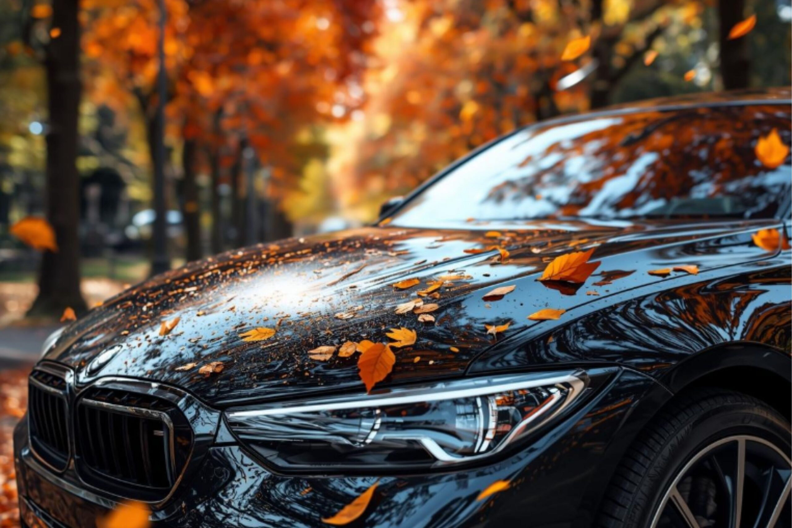 Close-up of a black BMW car with autumn leaves scattered on the hood, parked under colorful fall trees.