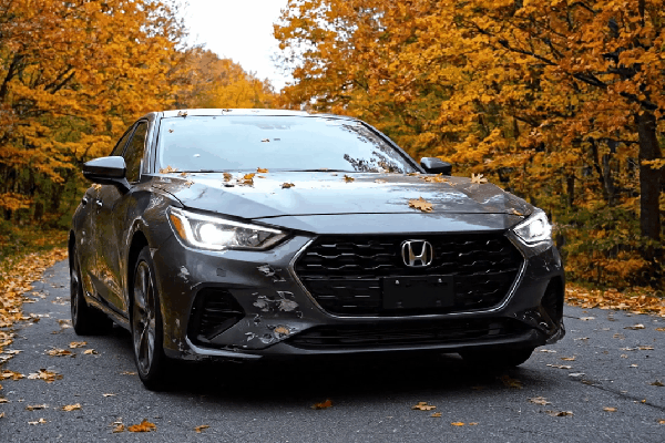 A gray Honda sedan with visible paint damage and rock chips on the front bumper, parked on an autumn road covered with fallen leaves.