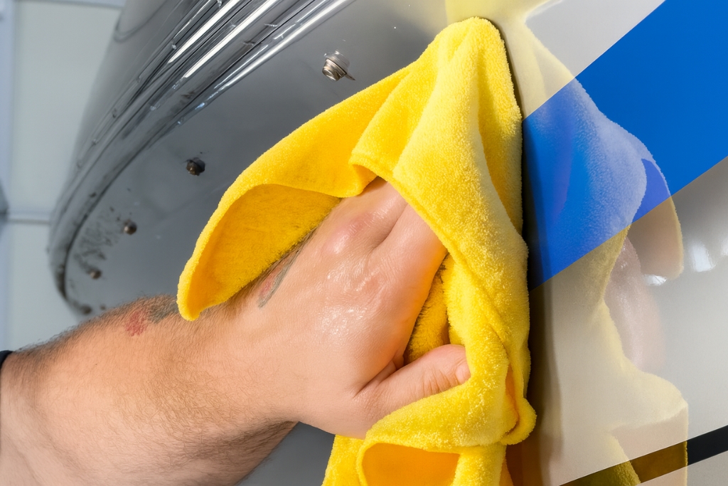 Close-up of a hand using a bright yellow microfiber towel to gently wipe down a ceramic-coated boat surface, removing contaminants without scratching the glossy finish.