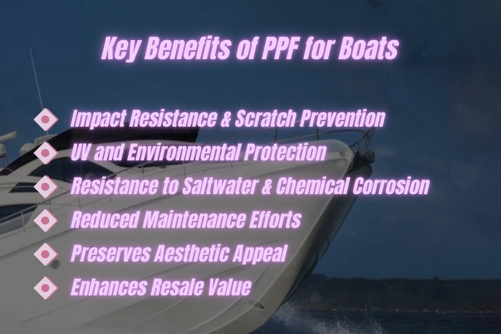Infographic titled "Key Benefits of PPF for Boats" displayed over a speeding white yacht, listing six advantages including impact resistance, UV protection, saltwater and chemical resistance, reduced maintenance, preserved appearance, and improved resale value. This visual supports The Role of PPF in protecting boats in Osage Beach.