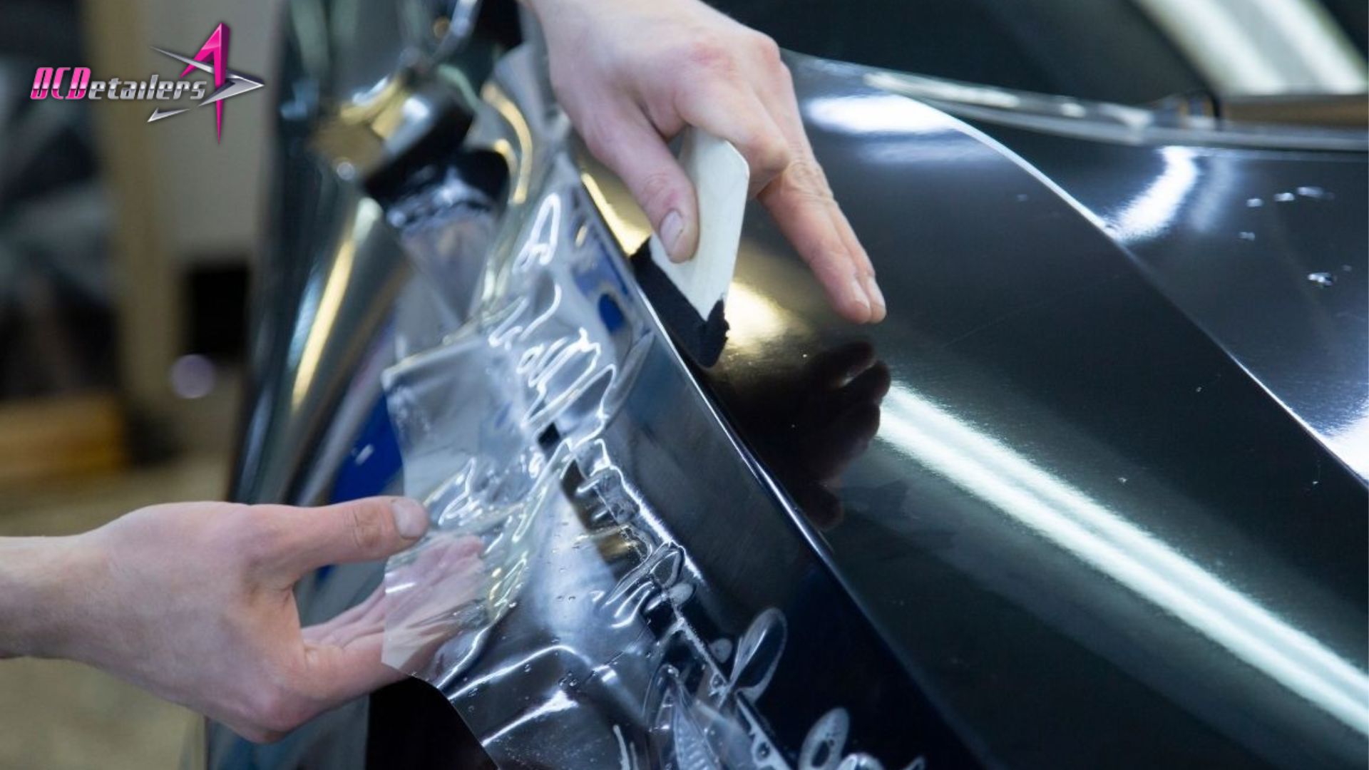 Close-up of a person applying paint protection film to a black car hood using a squeegee tool for smooth placement.
