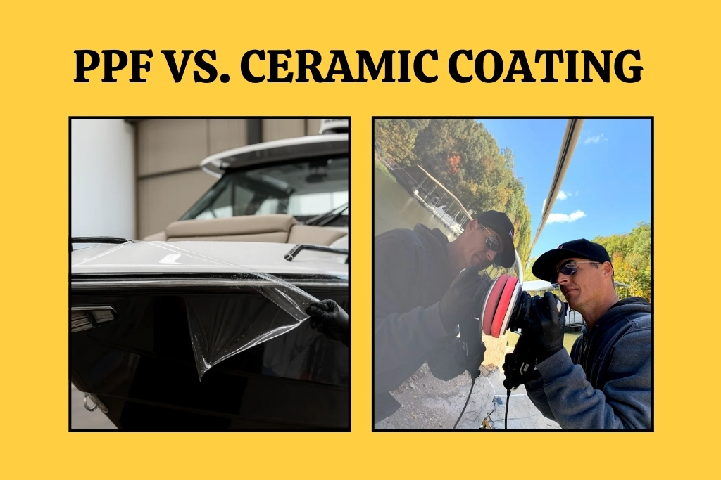 Side-by-side comparison showing PPF being applied to the front hull of a white boat on the left, and a marine technician buffing a ceramic coating on a boat's surface near Osage Beach on the right. The image illustrates The Role of PPF in physical protection versus the shine-enhancing benefits of ceramic coating.