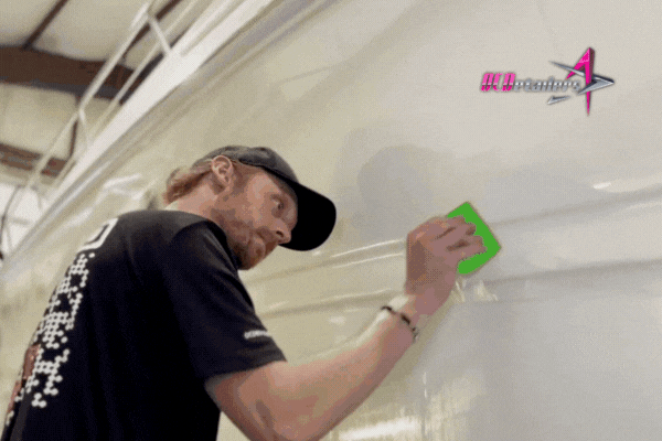 A detailing professional from OCDetailers applies marine-grade PPF to the hull of a white boat inside a shop in Osage Beach, using a green applicator for smooth installation. The scene showcases The Role of PPF in protecting boats with expert care tailored to Lake of the Ozarks conditions.